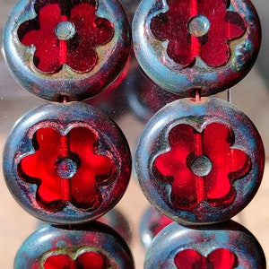 6 Premium Czech Glass Flower Beads, 17mm Red Picasso Flower, Transparent Czech Beads, Table cut Jewelry making beads, Bohemian glass beads