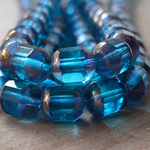 25/8mm Czech glass cathedral beads, aqua blue bronze beads, faceted barrel beads, ten sides beads, fire polished bead, AB Transparent beads