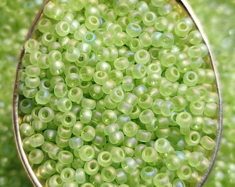 Matte Green Czech Glass Seed Beads, 2mm Rainbow Luster Rocailles