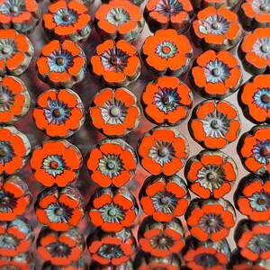 10/25/50 Picasso Red Orange flower beads, 8mm Hawaiian opaque flower, czech glass bead, Jewelry Making bead, Pansy Flower, Hibiscus Flower