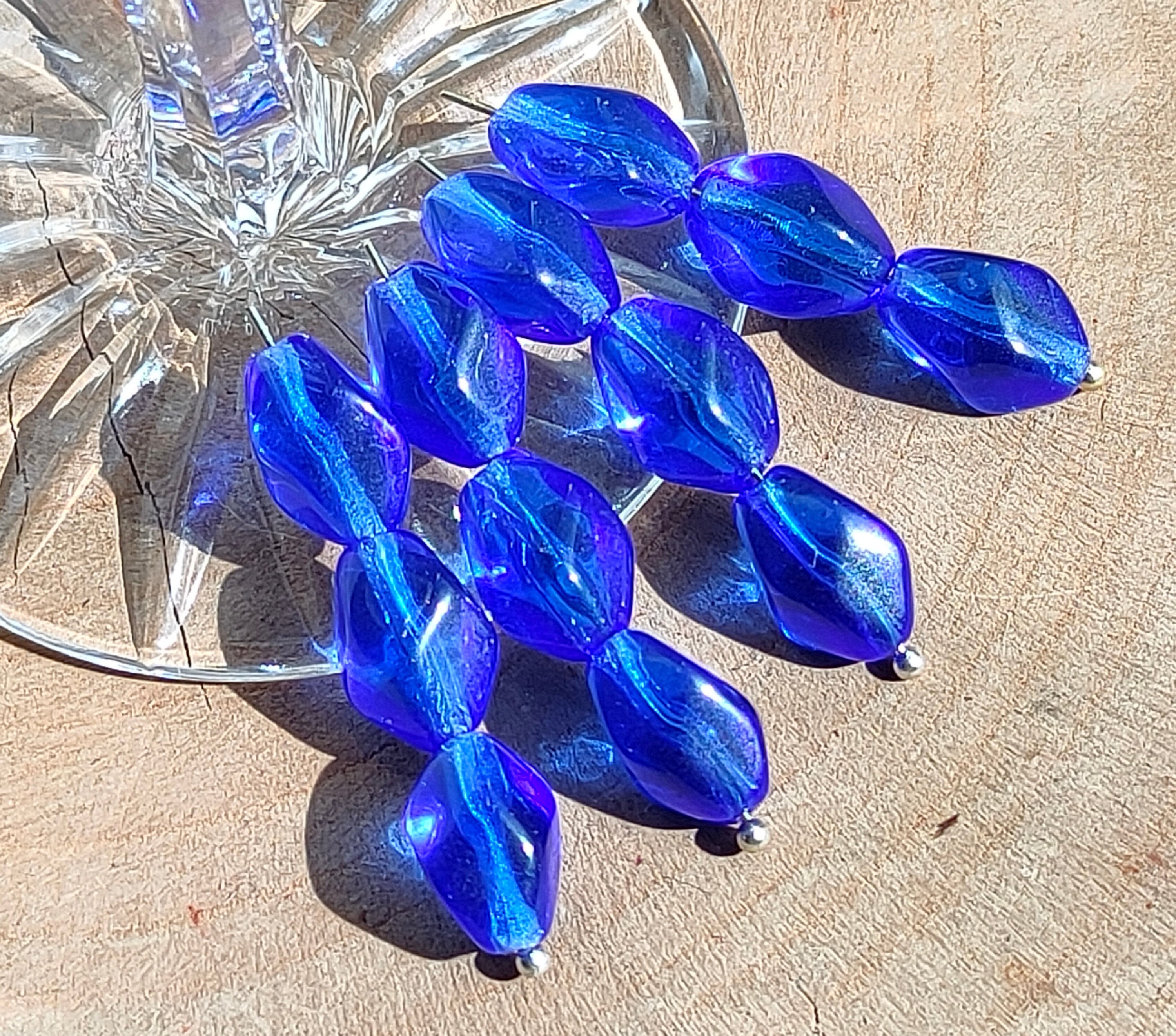 30/50 Blue Czech Glass Oval Beads, 10x7mm Transparent pressed beads, Irregular oval, Jewelry making beads, Bohemian glass beads