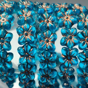 20 Premium Tsjechische glazen bloem kralen, 14x12mm bloem aqua blauwe bronzen kralen, transparante kralen, sieraden maken kralen, Boho bloem kralen