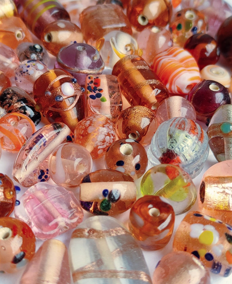 Handgemaakte glazen lampwork Tsjechische kralen, verrassingszakje 20/50/100g, glazen kraal koper oranje soep, variëteitpakket lampwork kraal, gemengd glas veel afbeelding 6