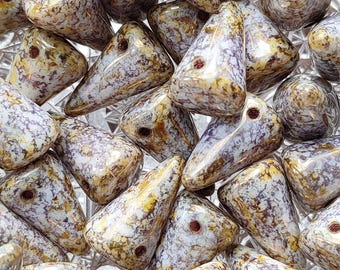 5 cuentas de cristal checo con forma de punta, color morado mármol, crema y brillo dorado (17 x 10 mm)