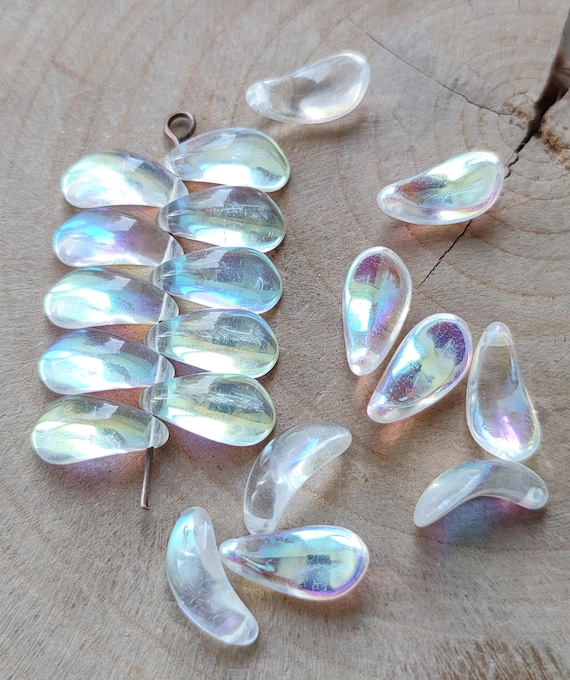 Czech Glass Petal Beads, Crystal Clear AB Luster, Jewelry Making