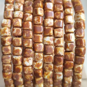 25 Czech cube Picasso glass beads, 4x4mm brown cream beads, Opaque czech beads, Square glass beads, Bohemian beads, Jewelry making beads