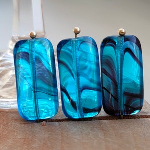 10/30/50 Aqua blue czech glass beads, 18x9mm Rectangular czech glass bead, Blue stripes pressed bead, Transparent glass bead, Jewelry bead