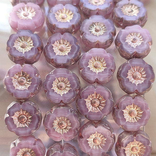 10/25 Purple Bronze flower beads, 8mm Hawaiian opaque flower, czech glass bead, Jewelry Making bead, Pansy Flower, Hibiscus Flower