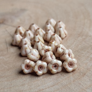 40/60  Bell Flower Czech Glass Beads, 4x6mm Opaque Picasso Beige bead cap, mini bells, Pressed flower beads, Jewelry making beads, DIY