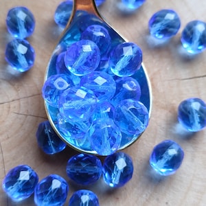 10/25 Premium Fire Polished Czech Glass Beads, 10mm Blue Faceted Bead, Ball Beads, Transparent Glass Bead, Jewelry making bead, DIY