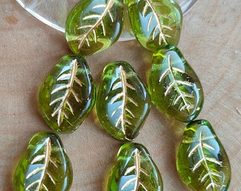 Green Gold Czech Glass Leaf Beads, Jewelry Making (14x9mm)