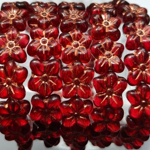 20 Premium Czech Glass Flower Beads, 14x12mm Flower Red Bronze beads, Transparent beads, Jewelry making beads, Bohemian Flower Beads