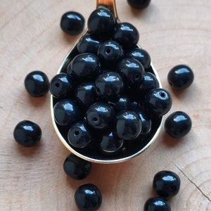 25/60 Czech Glass Round Beads, 8mm Black Druk Beads, Opaque Pressed Czech Glass Bead, Jewelry making bead, Bohemian Bead, DIY