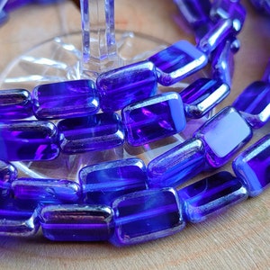 10 Premium Czech Glass Rectangle Beads, 12x8mm Transparent Dark Blue Silver Glass Beads, Bohemian Glass Beads, Jewelry making beads