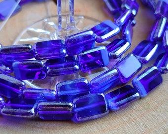 Czech Glass Rectangle Beads, Transparent Dark Blue Silver, 12x8mm