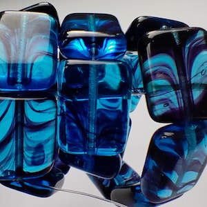 20/50 Aqua blue czech glass beads, 14x10mm Rectangular czech glass bead, Blue stripes pressed bead, Transparent bead, Jewelry making bead