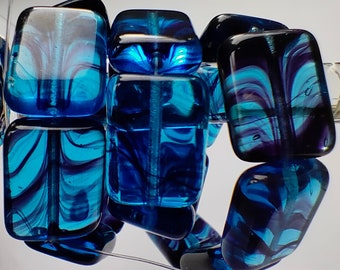 20/50 Aqua blaue Glasperlen, 14 x 10 mm Rechteckige tschechische Glasperle, gepresste Perle mit blauen Streifen, transparente Perle zur Schmuckherstellung