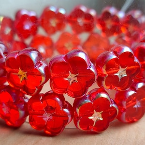 6 Czech Flower Glass Beads, 16mm Red Silver Rainbow Bead, Premium Transparent Czech Glass Beads, Jewelry making beads, Bohemian beads