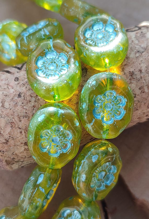 10 Premium Czech Glass Oval Beads,14x11mm Light Green Blue Luster