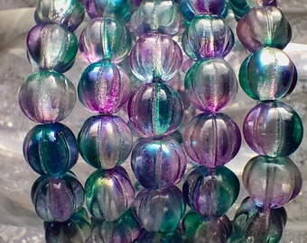 25/50 Melon Beads For Jewelry Making - 8mm Round Beads - Czech Glass Beads - Fluted Glass Beads - Turquoise Blue Purple Luster AB