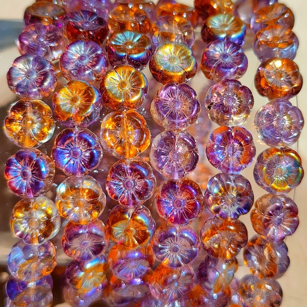 25/50 Premium Czech Glass Hawaii flower Beads, 8mm purple orange AB Finish bead, Czech Transparent Pressed Beads, jewelry making beads