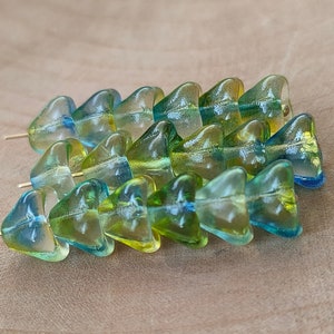 20/50 Bell Flower Czech Glass Beads, 6x8mm Green Yellow Blue bead cap, Pressed flower beads, Transparent beads, Jewelry making beads image 2