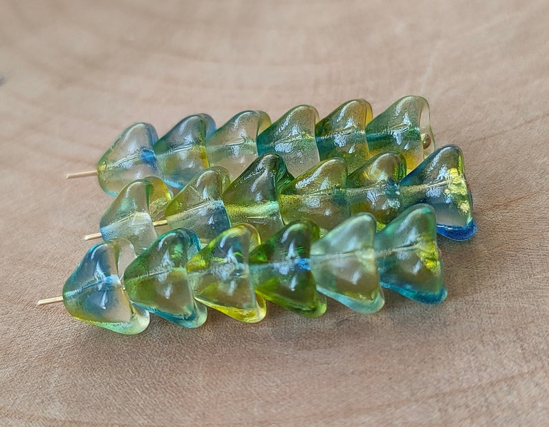 20/50 Bell Flower Czech Glass Beads, 6x8mm Green Yellow Blue bead cap, Pressed flower beads, Transparent beads, Jewelry making beads image 2