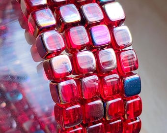 Dark Red Czech Glass Cube Beads, Metallic Rainbow AB, 6x6mm