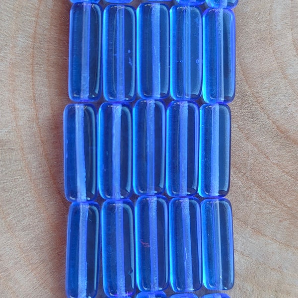 20/50 Czech rectangle glass beads, 15x5mm pressed beads, Transparent blue beads, Stick tube  beads, Jewelry making bead, Bohemian glass bead
