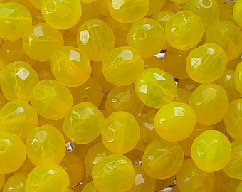 Yellow Fire Polished Czech Glass Beads, 8mm Faceted Round