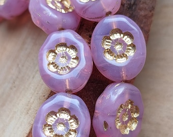 Perles de fleurs en verre tchèque rose avec or, 14 x 11 mm (6)