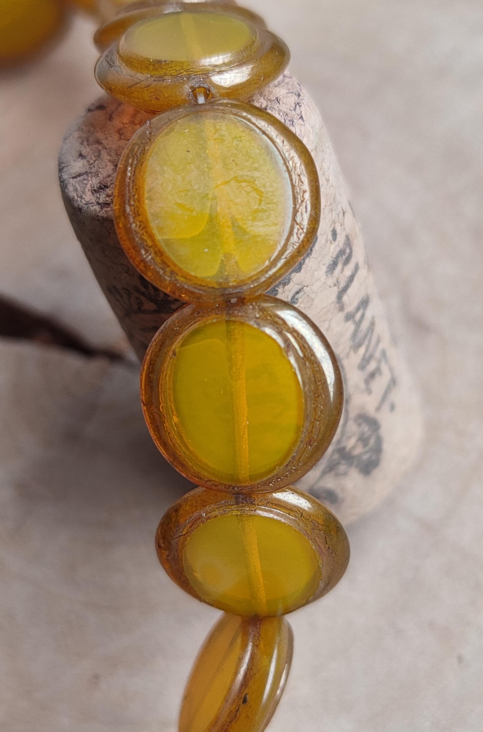 10 Premium Czech Glass Round Coin Beads, 14mm Yellow Orange Bronze Glass Bead, Marble Transparent Beads, Bohemian glass, Jewelry beads DIY