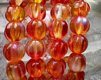 25 Melon Beads For Jewelry Making - 8mm Round Beads - Czech Glass Beads - Fluted Glass Beads - Orange Clear Luster AB
