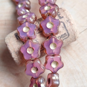 10/25 Premium Czech glass star flower beads, 11mm Dark Old Pink Flower, table cut starflower, Transparent glass bead,gold center, gold wash