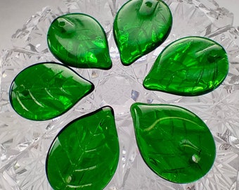Czech Glass Leaf Beads, 18x13mm Transparent Dark Green Bohemian