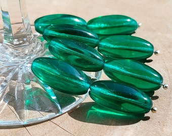 12/25 Dark Green Czech Oval Glass Beads, 17x8mm Transparent pressed beads, Irregular oval, Jewelry making beads, Bohemian glass beads
