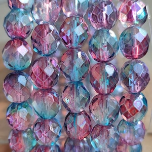 30 Premium Blue Pink Purple Fire Polished Czech Glass Beads, 8mm Czech AB Round Faceted Bead, Transparent Glass Beads, Jewelry making beads