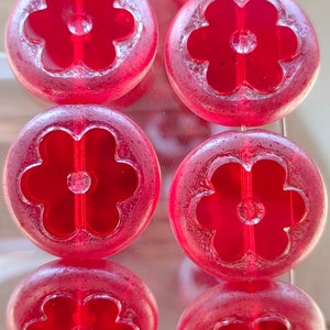 6 Premium Czech Glass Flower Beads, 17mm Red Silver Flower, Transparent Czech Beads, Table cut Jewelry making beads, Bohemian glass beads
