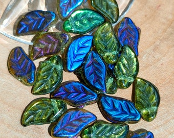 20/50  Wavy leaf beads, 12x6mm Green Blue leaf, Czech glass beads, Dark blue luster, transparent beads, top drilled, Jewelry making beads