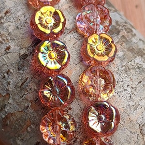 10/25 Premium Czech Glass Hawaii flower Beads, 8mm orange rainbow AB luster bead, Czech Transparent Pressed Beads, jewelry making beads, DIY