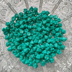 40/100  Bell Flower Czech Glass Beads, 4x6mm Opaque Green turquoise bead cap, mini bells, Pressed flower beads, Jewelry making beads