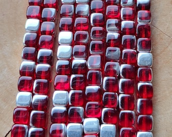 Dark Red Czech Glass Cube Beads, Metallic Silver, 6x6mm