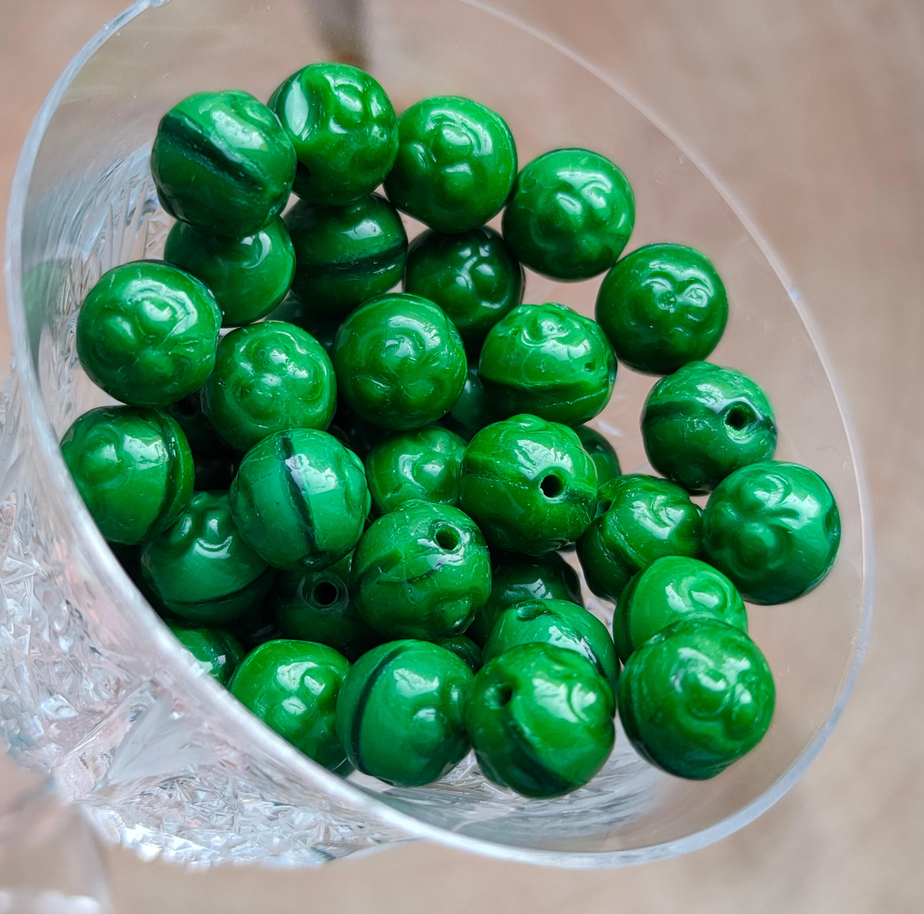 Marble Green Shamrock Czech Glass Beads, St Patrick Jewelry (7mm