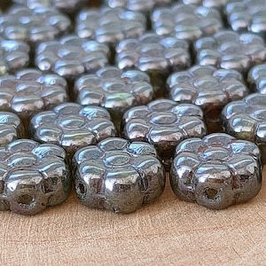 20/8mm Flower Glass Beads, Hibiscus flower, Czech metallic dark gray beads, Opaque floral daisy beads, pressed Beads, Jewelry making bead