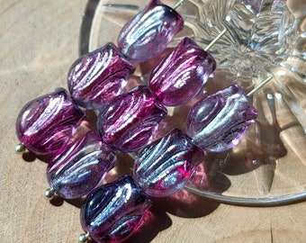 25/60 Mini Tulip Czech Glass Beads, 9x7mm Purple Silver beads, Pressed Glass Beads, Transparent Glass beads, Jewelry making Beads