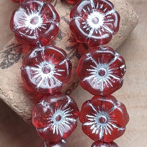 5/20 Czech Glass Hawaii flower Beads, 12mm Red silver bead, Large flower bead, Czech Transparent Pressed Bead, jewelry making bead, DIY