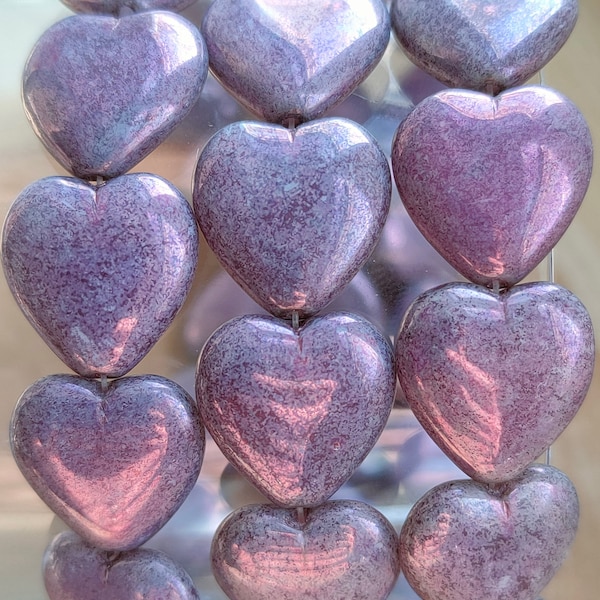 10 Premium Czech Glass Heart Beads, 16x15mm Opaque Purple Heart Beads, Pressed Heart beads, Pearl glass bead, Jewelry making bead