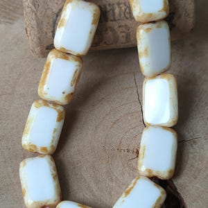 10 Premium Czech Glass Rectangle Beads, 12x8mm Picasso white beads, Opaque Table cut beads, Bohemian Glass Beads, Jewelry making beads, DIY