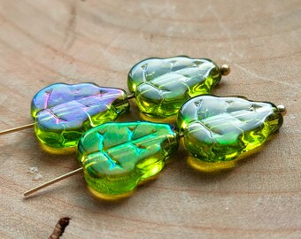 10/25 Czech leaf beads, 12x10mm Green luster leaves, Czech glass bead, Rainbow Pearl luster, Transparent bead, Jewelry making bead
