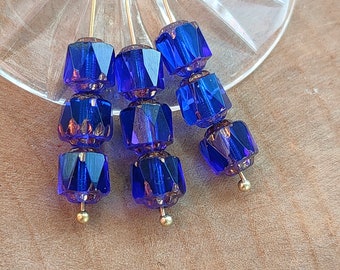 8mm/10/30/50, Dark blue Cathedral beads, Premium Czech glass beads, Crown beads, barrel, Fire polish beads, Transparent bead, bronze ends